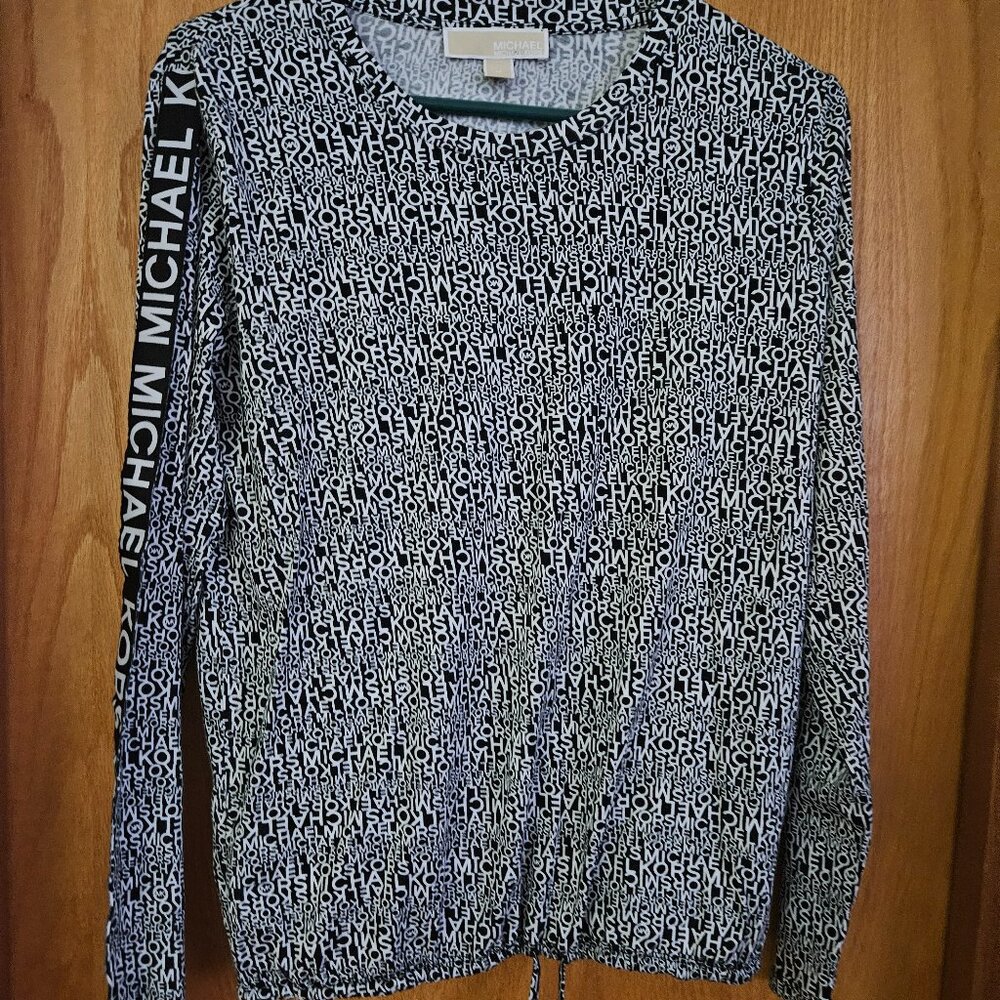 Michael Kors black and white long sleeve top features a drawstring detail size m